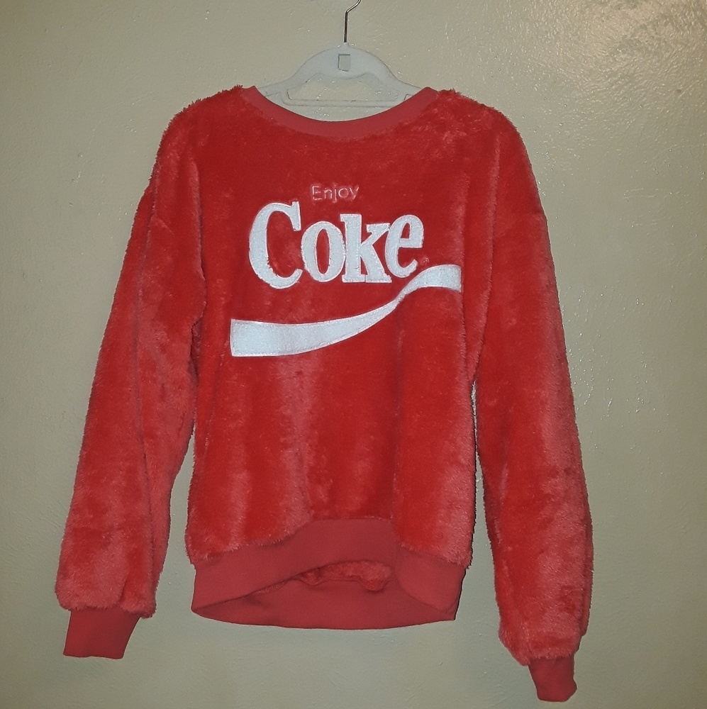 Red orange fuzzy Coke sweater
